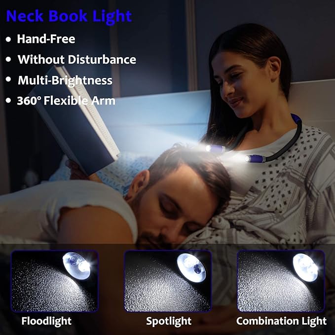LUXJET Neck Reading Light & Book Light for Reading in Bed - Hands Free, 6 Brightness Levels, 360° Flexible Arms, 80-Hour Rechargeable - Reading, Knitting, Camping, Repairing - Gifts for Book Lovers