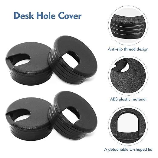 4 Pcs Desk Grommet Black Desk Hole Cover ABS Plastic Desks Hole Grommet with U-Shaped Cable Hole for Office Home School Computer Countertop to Organize Cables Wires and Cords