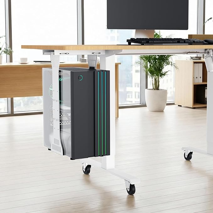 KEEGH Heavy Duty Under Desk PC Mount Adjustable Under Desk Computer Mount Supports Up to 90 lbs PC Mount with Secure Locking for Standing Desk, White