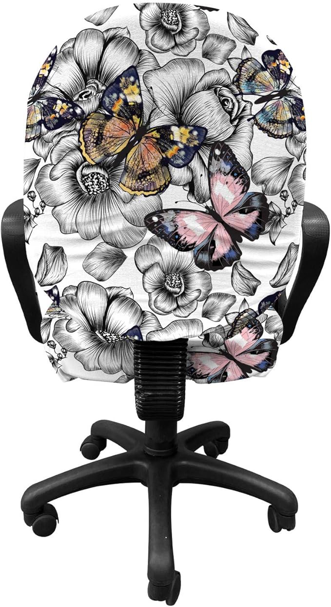 Ambesonne Butterfly Office Chair Slipcover, Monochrome Floral with Colorful Summer Season Animal Blooming Flowers, Protective Stretch Decorative Fabric Cover, Standard Size, Pink Orange
