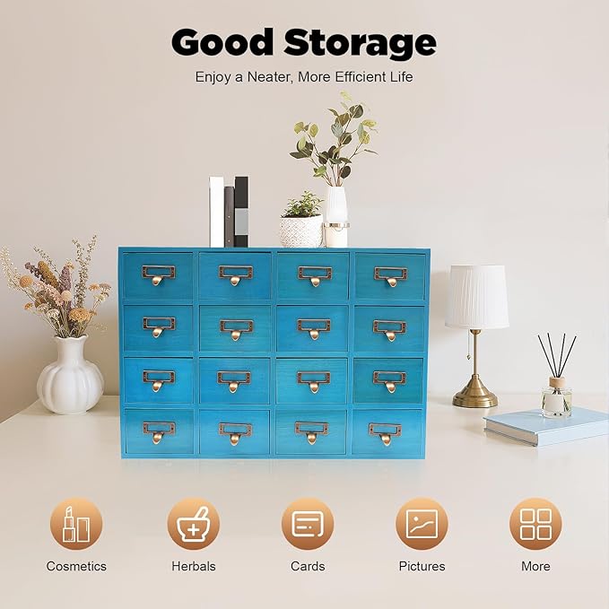 16-Drawer Wooden Desk Organizer Storage Box with Label Holders Vintage Wood Desktop Organizer, Desk Drawer Unit Collectors Box for Living Rooms, Bedrooms, Offices (Blue, 1PC, 16 Drawers)