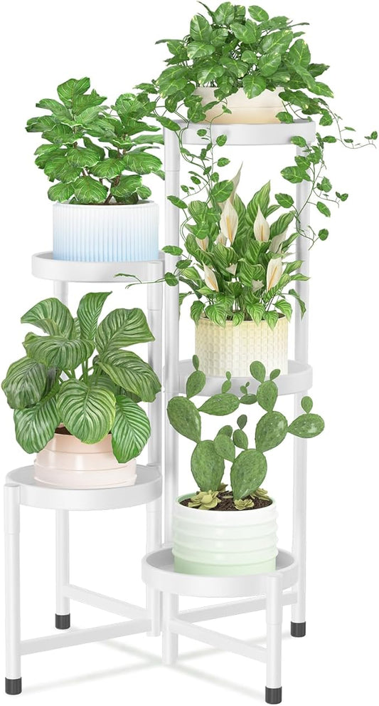 iDavosic.ly Plant Stand Indoor Outdoor, 5 Tier Corner Metal Flower Display Holder Shelf, Folding Tall Orchid Rack for Patio Balcony Porch Garden Living Room House, White