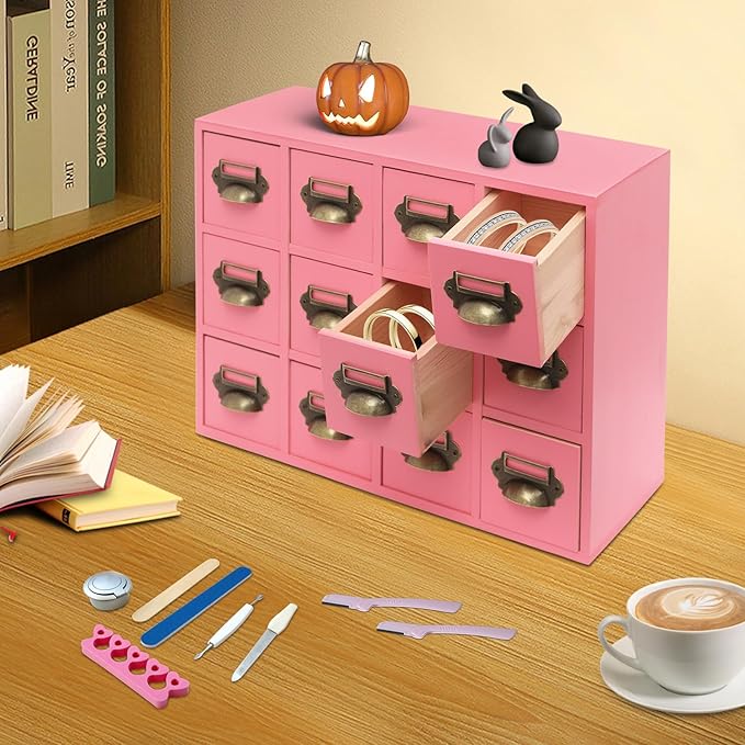 12 Drawer Drawers Storage Cabinet, Wooden Medicine Cabinet Desktop Drawer Organizer Herb Storage Box with Solid Wood Build & No Assembly for organize spices medicines jewelry cosmetics(Pink)
