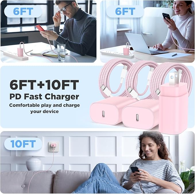 Hzevn 25W USB C Super Fast Charging Charger for Samsung Galaxy Phone, 3Pack Quick Charger Block with Braided Long USB C to C Cables (6/6/10ft) for Samsung Galaxy S25/S24/Plus/Ultra, Android/iPhone 17