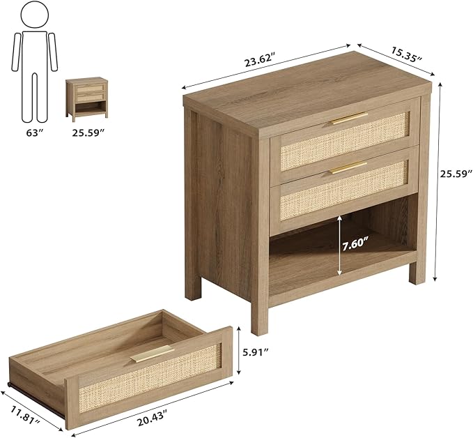 Eclatara Rattan Nightstands Set of 2, Farmhouse Bedside Table with 2 Drawers and Storage Shelf, Rattan Boho Accent Night Stands for Bedroom Large Space Sofa (2, Reclaimed Caramel Oak)