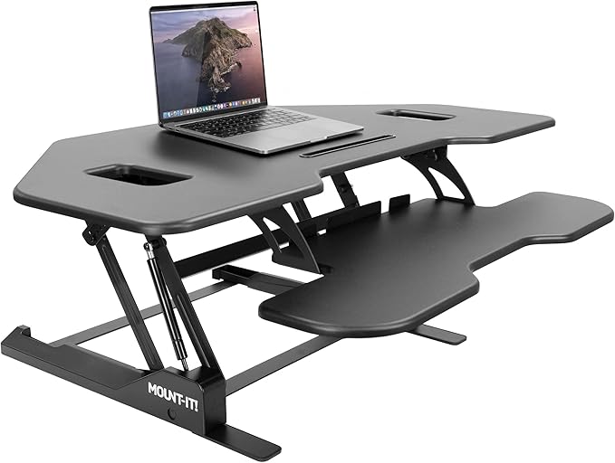 Mount-It! Corner Standing Desk Converter Height Adjustable 43” Wide Desktop, Corner Stand Up Desk with Gas Spring Lift Asssit, Stand Up Computer Workstation with Ergonomic Keyboard Tray | Black