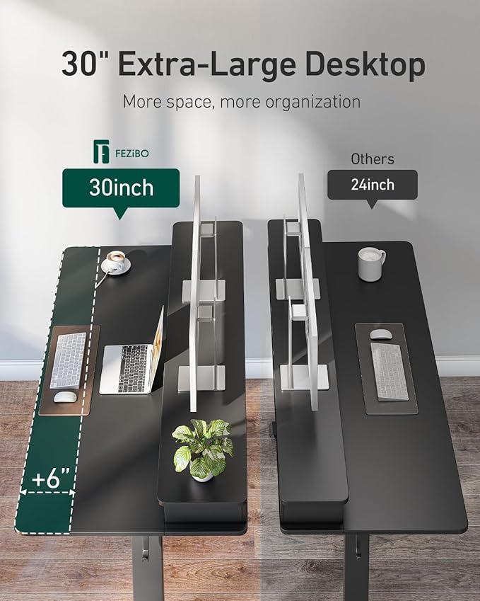 FEZIBO 55 x 30 inch Standing Desk with Drawers, Height Adjustable Electric Workstation, Computer Sit Stand Up Table with Large Storage Shelf 4 Drawers and 2 Hooks, Black