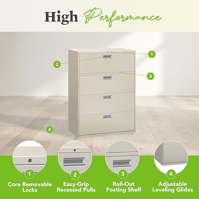 HON 4 Drawer Lateral File Cabinet with Lock, Metal Filing Cabinets for Offices, Adjustable Hangrails for A4, Legal, Letter Files, 18" Deep, Light Gray