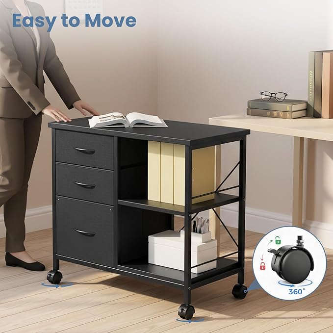 DUMOS File Cabinet, Mobile Storage Cabinet with 3 Drawers and Back Support Bar, Spacious Printer Stand with Storage Supporting 198 lbs for Home Office, Black