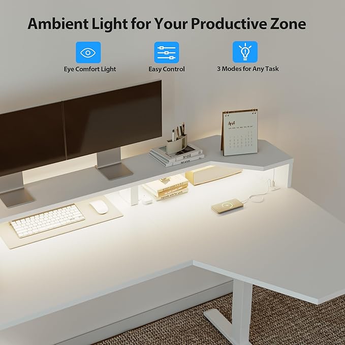 Agilestic 63 Inch L Shaped Electric Standing Desk with Shelf, Height Adjustable Large Desk with Power Outlet & LED, Corner Sit Stand Up Table with Monitor Stand, Computer Workstation, White