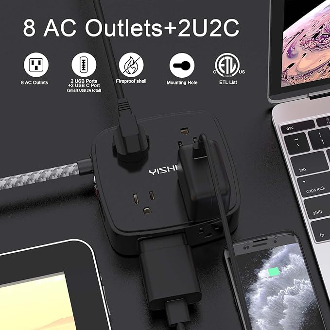 Surge Protector Power Strip - YISHU 8 Outlets with 4 USB (2 USB C) Charging Ports, 6Ft Braided Extension Cord, Flat Plug Multi Plug Outlet Extender Charging Station for Home Office, ETL, Black