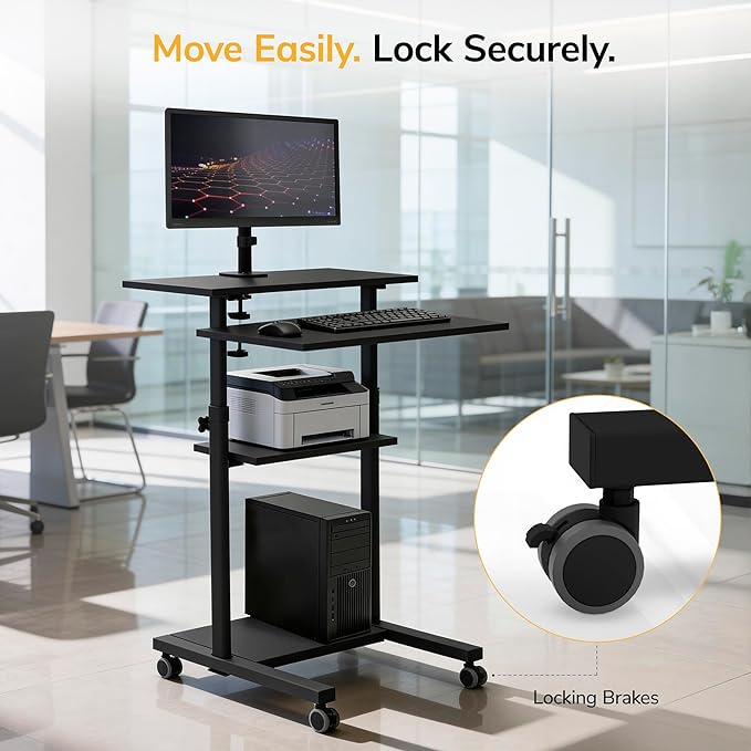 Mount-It! Mobile Computer Cart with Monitor Mount for Screen up to 32", Portable Desk on Wheels, Rolling Laptop Stand for Teachers, Office, Classroom, Rise up to 53", Podium, Keyboard Tray, Black