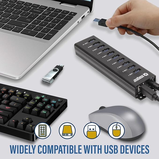 USBGear 10-Port USB Hub 3.2 Gen 1 – Mountable SuperSpeed Data Hub with USB Ports for Laptop, PC, Desktop, and More, 5V/4A Power Adapter with Type-A to Type-B Cable (3ft), Computer Accessories