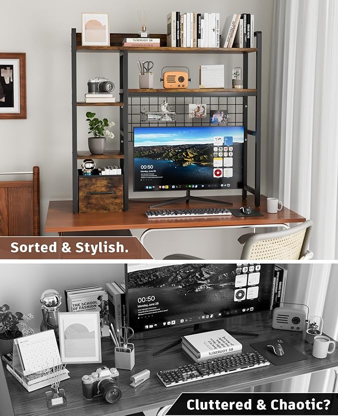 Desk Hutch for Computer Monitor, 38.6" Over Desk Shelf with Grid Panel & Woven Drawer, 4-Tier Sturdy Metal and Wood Tabletop Storage Rack for College Dorm, Home Office, Rustic Brown