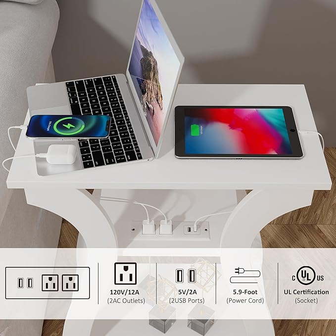 FROMJBEST End Tables Living Room, White End Table with Charging Station,White Side Table, Nightstand for Bedroom, 3 Tier End Table with Storage Shelf for Living Room