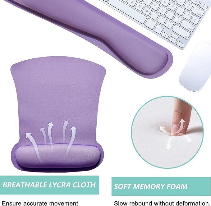 Keyboard Wrist Rest Pad Mouse Pad with Wrist Support Set of 3, Gaming Mousepad with Non-Slip Rubber Base, Ergonomic Memory Foam Mouse Cushion Support for Home Office Laptop Computer, Purple