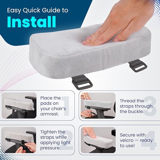 Thick Memory Foam Office Chair Arm Pads - Office Chair Armrest Covers Provide Elbow Cushion and Relieve Pressure - Ergonomic Desk Chair Arm Covers - Gaming, Computer Chair Rest Pads (Set of 2) (Gray)