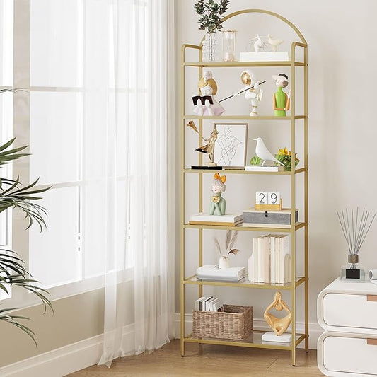 Hzuaneri Bookcase Bookshelf, Tempered Glass Bookshelves, Slim Shelving Unit for Bedroom, Bathroom, Home Office, Steel Frame, 6 Tier Gold BC21699G