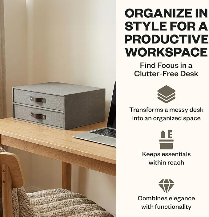 Bigso Birger 2-Drawer Canvas Fiberboard Easy Pull Handle Document Letter Box | Desktop Drawers for Loose Papers and Documents | Desktop Storage Drawers with Leather Handles | 13.1” x 10” x 5.7” | Grey