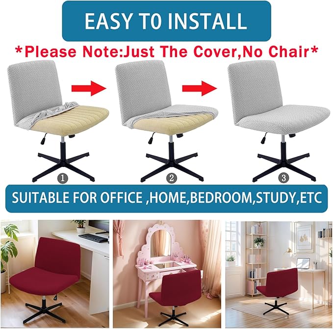 Vanity Chair Cover Criss Cross Chair Cover Elastic Armless Chair Slipcover Armless Chair Covers Office Chair Covers (Wine Red,Just The Cover,No Chair)