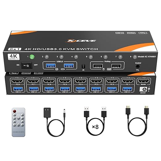 HDMI KVM Switch 8 Computers 1 Monitor, 8 Ports USB 3.0 KVM Switcher Support 4K@60Hz for 8 PC Share Keyboard and Mouse, Support Hotkey Switching Way