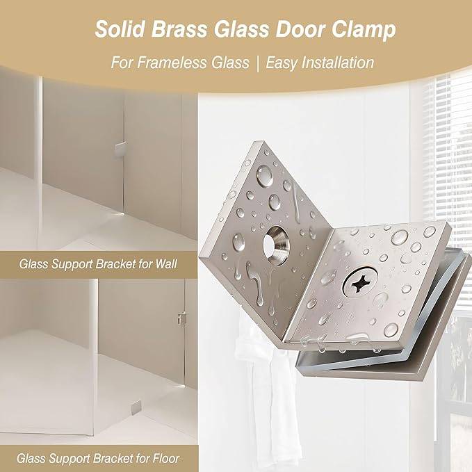 Brass Glass Clamp, for 5/16"–1/2" (8–12mm) Glass, Wall or Floor Mount Fixed Clips, Brushed Nickel