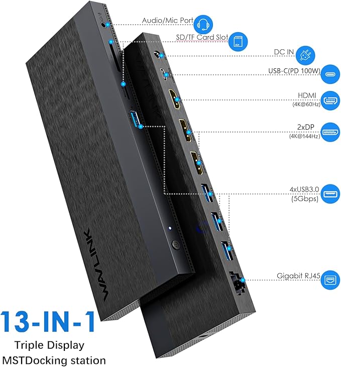 Laptop Docking Station, Docking Station 3 Monitors with 2* DP+HDMI, 4K@144Hz,130W PD Charger, 4* USB 3.0, Audio, Gigabit Ethernet, TF/SD for Lenovo,HP,Dell, Windows System Computer