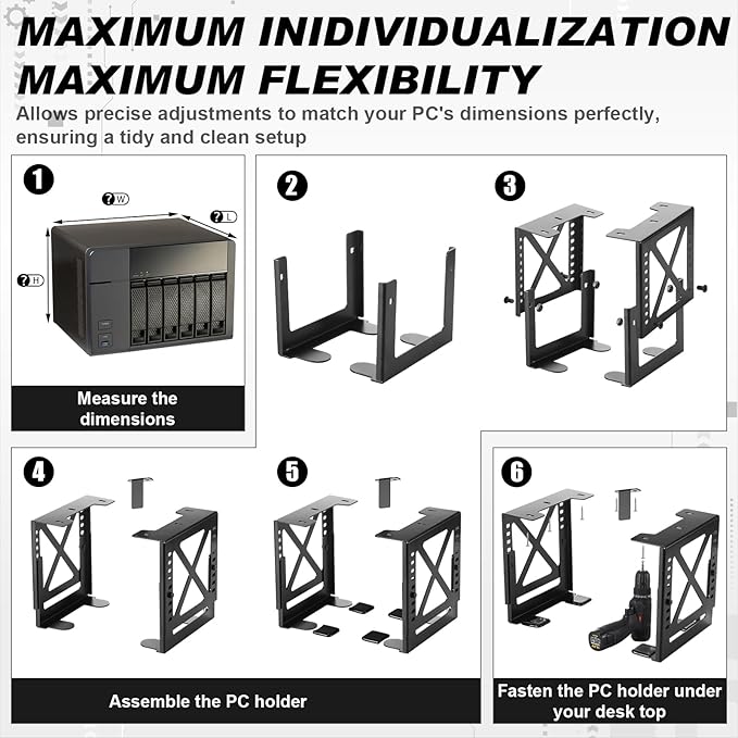 Adjustable Under Desk PC or NAS Mount Bracket Holder up to 22 Lbs Compatible with Desktop NAS CPU UPS Small Form Factor Tower