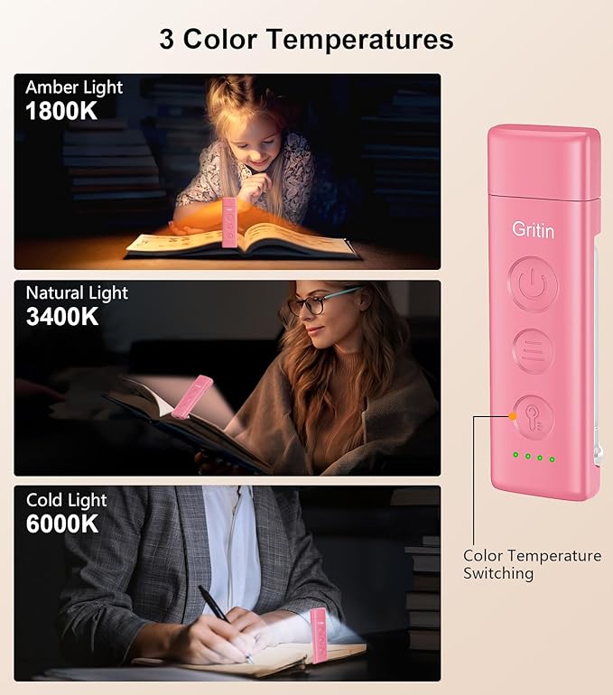 Gritin Book Light Rechargeable, Eye Caring 3-Color & 5-Brightness Clip on LED Reading Light for Books in Bed- Stepless Dimming, Long Lasting, Compact Size Flexible Book Lamp for Bookworms-Warm Pink