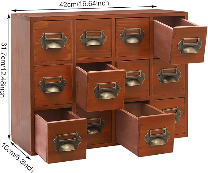 12 Drawer Drawers Storage Cabinet, Wooden Medicine Cabinet Desktop Drawer Organizer Herb Storage Box with Solid Wood Build & No Assembly for organize spices medicines jewelry cosmetics(Brown)