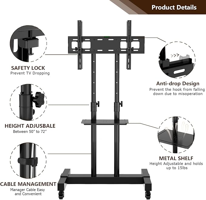 Mobile TV Stand Rolling TV Cart Floor Stand with Mount on Lockable Wheels Height Adjustable Shelf for 32-83 Inch TV Stand Flat Screen or Curved TVs Monitors Display Trolley (Black with 2 TV Brackets)