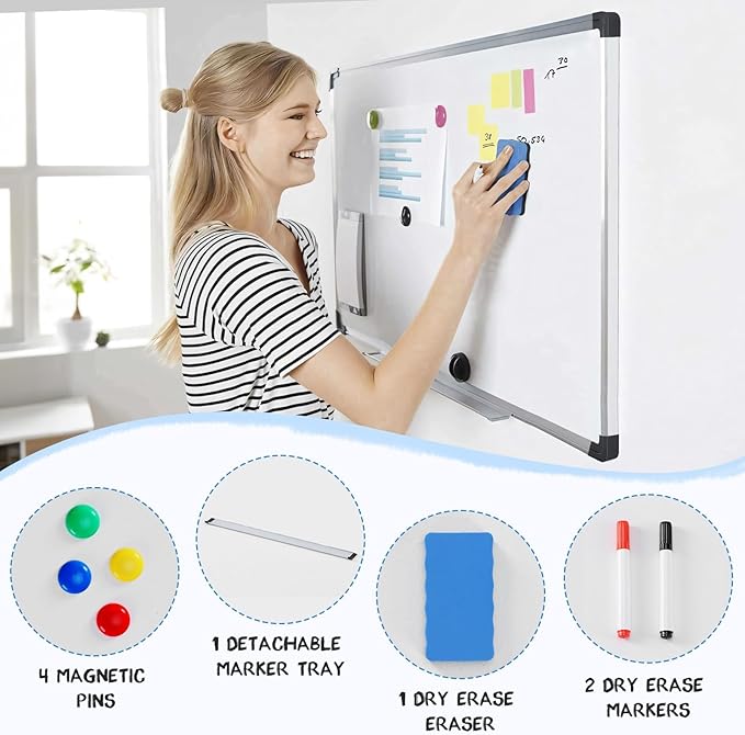 DUMOS White Board Dry Erase Kit, 48" x 24" Magnetic Board for Wall with 1 Dry Eraser & 2 Multicolor Markers & 4 Magnetic Pins, Silver Reinforced Aluminum Frame for Home, School, Office