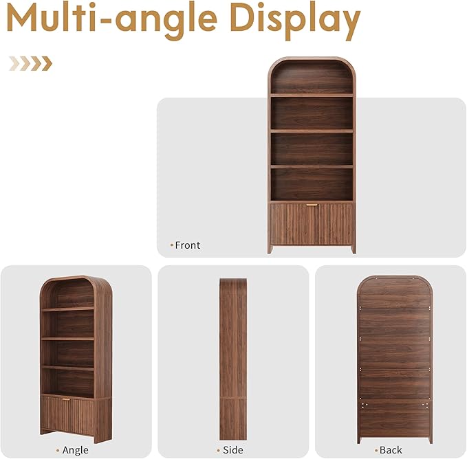 LEVNARY Arched Bookcase with Drawer, 70" Tall 5-Tier Bookshelf with Fluted Carved Drawer, Freestanding Display Storage Cabinet for Living Room Bedroom Home Office (Walnut)