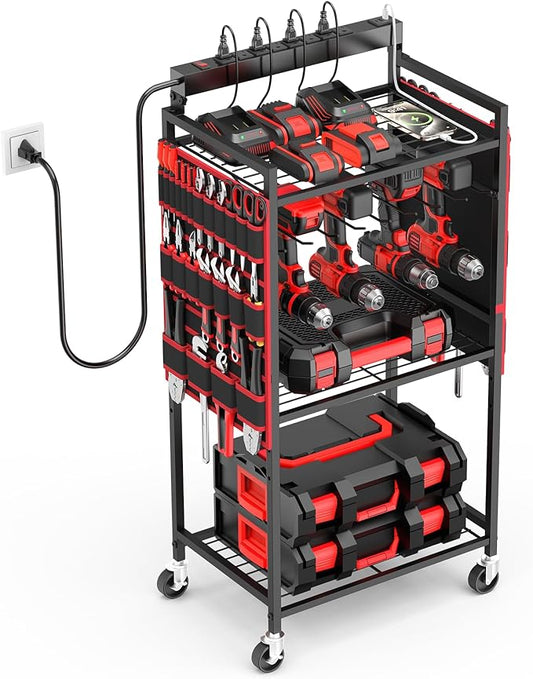 JUNNUJ Garage Large Power Tool Organizer Cart with 8 Outlet 3 USB Charging Station, Floor Rolling Drill and Tools Battery Storage Cart on Wheels, Heavy Duty Utility Rack Shelf with 10 FT Power Strip