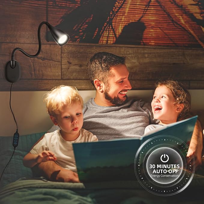 LiFMIRA Wall-Mounted LED Bedside Reading Light with USB Charging Port, 10-Level Dimmable & Adjustable 5 Color, Plug-in Adhesive Night Lamp for Books in Bed, Eye-Caring Bedroom Lighting (Black 2 Pack)