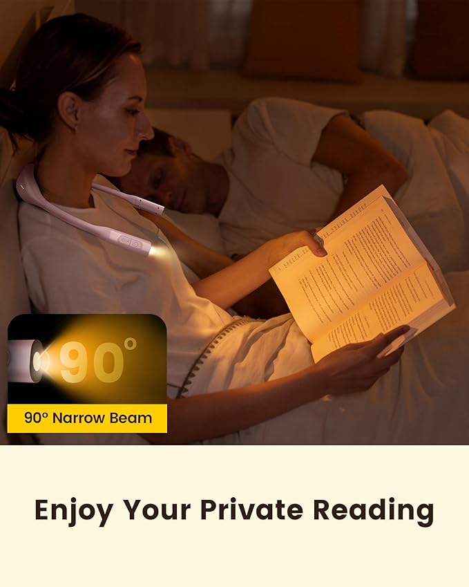 Glocusent Lightweight Neck Light for Reading in Bed, 1200mAh Rechargeable Book Light, Hands-Free Reading Light, 5 Colors, 5 Brightness Adjustable, Private Bedtime Reading for Book Lover
