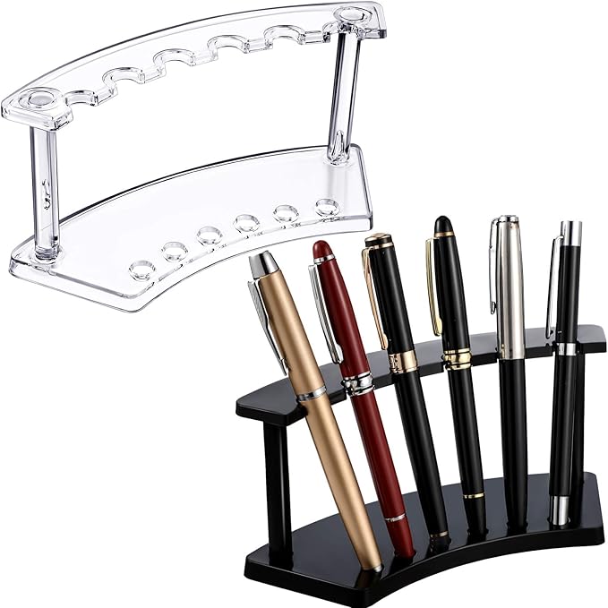 Tinlade 2 Pieces Plastic Pen Holder Stand Display Rack 6-Slot Pen Makeup Brush Rack Organizer Eyebrow Stand for School Office Home Store(Clear,black)