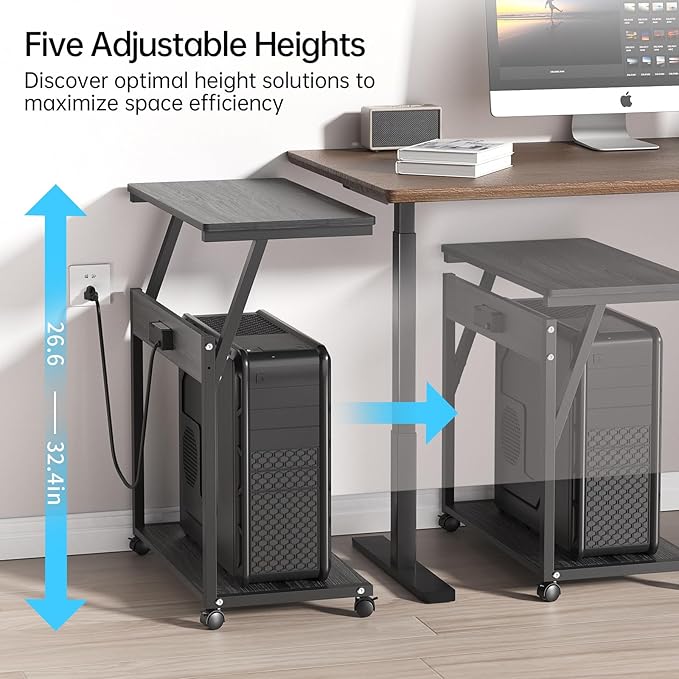 FANXIYQ Computer Tower Stand with 360° Locking Casters, 5 Height Adjustable Mobile CPU Cart, Under Desk PC Holder for Gaming Desktop, Home Office Organization, Black