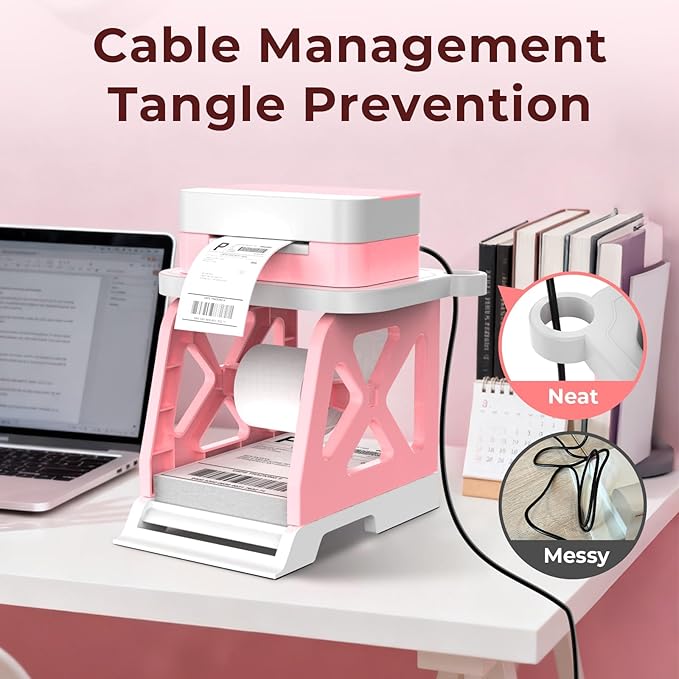 Guermok 3-in-1 Thermal Label Holder Stand for Printer Desk Organizer for Roll & Fan-Fold Labels, Cable Management, Easy Assembly for Home, Office, Retail & Small Business Pink