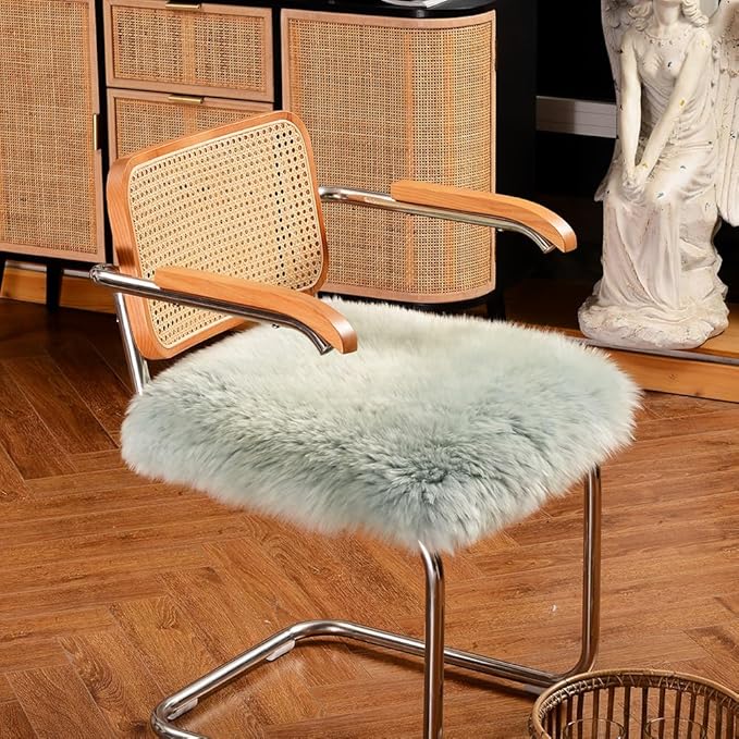 LLB Sheepskin Chair Cushion Non-Slip Back Square Genuine Fur Chair Cover Silky Natural Wool Seat Cushion Pad Soft Area Rugs Carpet for Home Office Restaurant Chair 18x18 Inch (Pack of 1), Milky Mint