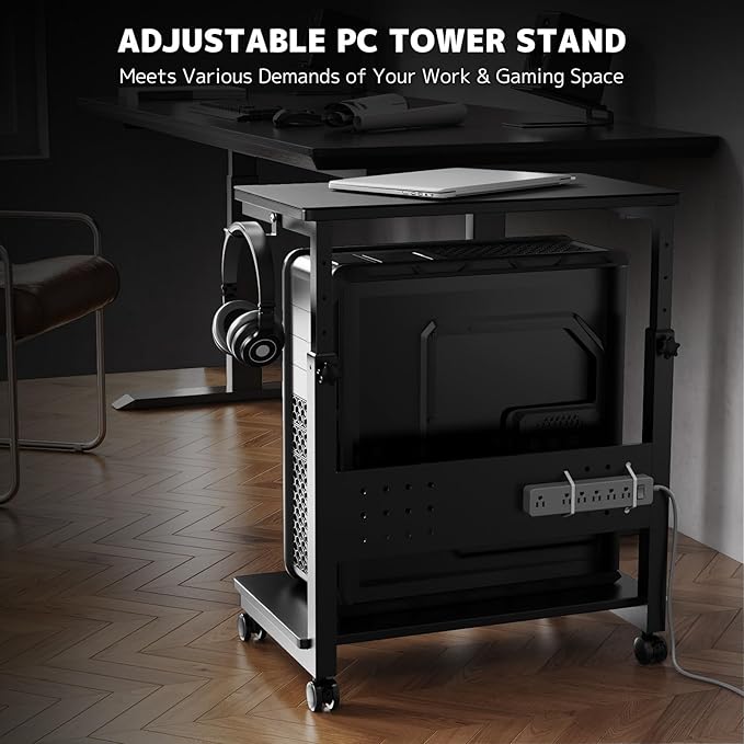 PUTORSEN Computer Tower Stand Cart - 2-Tier CPU Cart with 4 Casters, Rolling Holder with Pegboard & 2 Hooks, Height Adjustable from 19 1/8" to 31 11/16", for Office Home Gaming