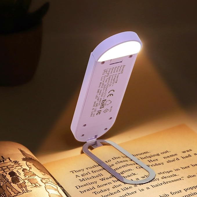 Akomid USB Rechargeable Book Light for Reading in Bed, 8 LEDs Bookmark Style Clip on, Eye-Cared Amber Light Mode for Kids, Blue Light Blocking, Stepless Dimming, Purple