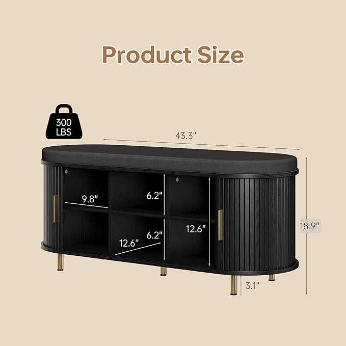 DHH 2-Tier Storage Bench,Wide Shoe Bench with Thickened Padded Seat Cushion, Mid Century Modern Fluted Sliding Door and Adjustable Shelf, for Entryway, Living Room, Bedroom (Black, 43.3“)