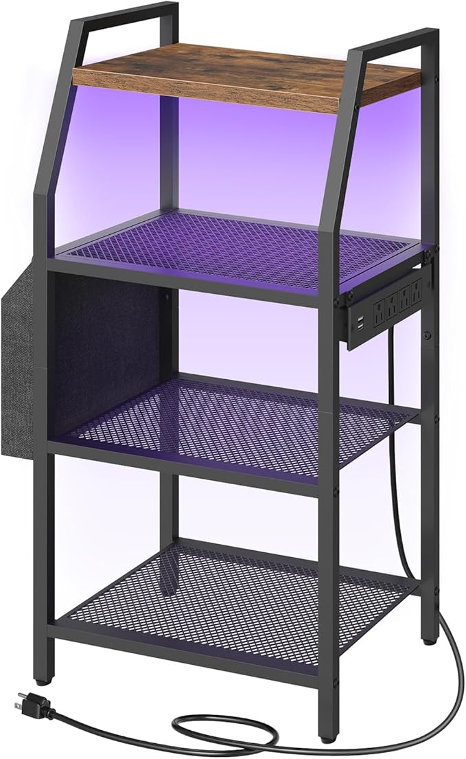 MAHANCRIS 4-Tier AV Media Stand with Power Outlet & LED Lights, Game Console Shelf with Side Storage Bag, Corner Stereo Stand Rack Audio Tower for Small Video DVD Players Boxes, Rustic Brown MSHR01E01
