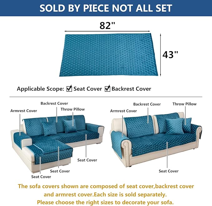 Eismodra Couch Cover,Sectional Couch Covers,Sofa Covers for 3 Cushion Couch,Anti-Slip Sofa Slipcovers for Dogs Cats Kids Loveseat Recliner L Shaped Armrest Backrest,Blue 43''x82''(Only 1 Piece)