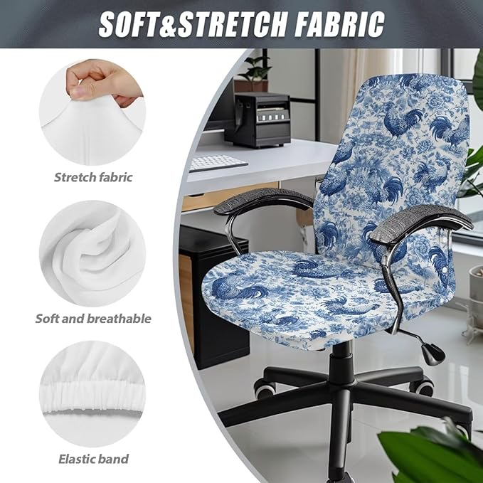 Talayituse Blue Rooster Chicken Print Office Chair Covers, Stretch Computer Chair Cover, Universal Boss Chair Covers Modern Simplism Style High Back Chair Slipcover, Small