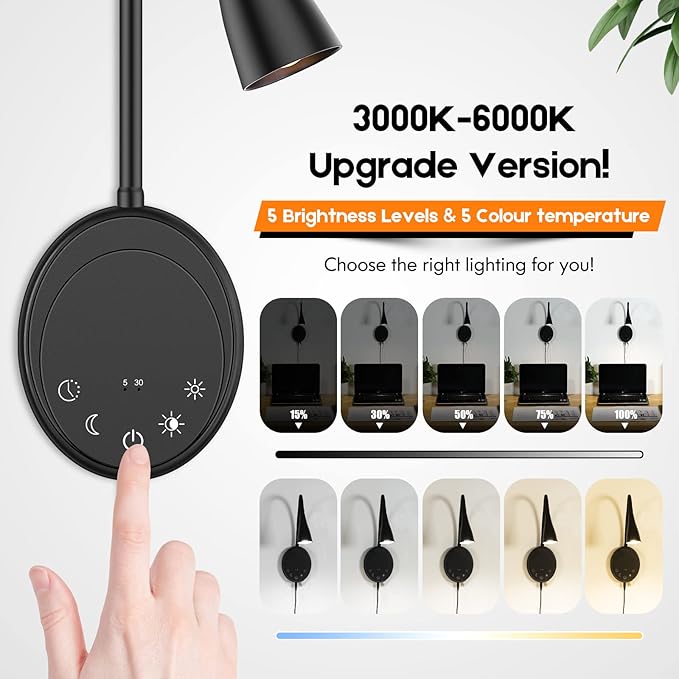 SANKEDOU LED Wall Mount Reading Light, Bedside Reading Lights with Touch Control, 5 Dimmable, USB Output, Night Light & Timers, Flexible Gooseneck Headboard Bed Lights Wall Sconce