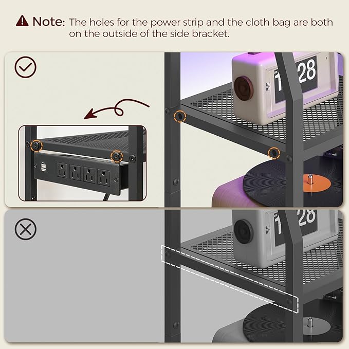 MAHANCRIS 4-Tier AV Media Stand with Power Outlet & LED Lights, Game Console Shelf with Side Storage Bag, Corner Stereo Stand Rack Audio Tower for Small Video DVD Players Boxes, Rustic Brown MSHR01E01
