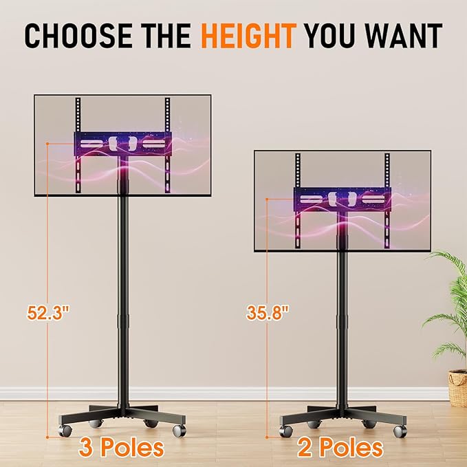 Mobile TV Cart Rolling TV Stand for 23-60 Inch LCD LED OLED Flat Curved Screens up to 88 lbs, Height Adjustable Portable TV Cart with Locking Wheels, Outdoor TV Stand Mount, Max VESA 400x400mm, Black