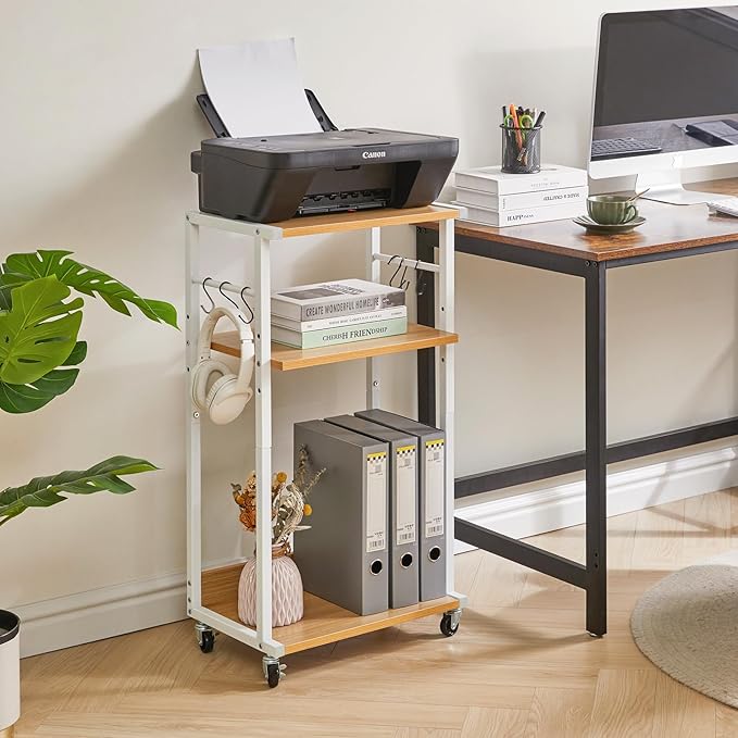 YMYNY Mobile Printer Stand, 3-Tier Printer Cart with Adjustable Storage Shelf and 6 S-Hooks, Tall Printer Table for Home Office, for Computer Tower Stand, Shredder, CPU Stand, Natural, UHPT002N
